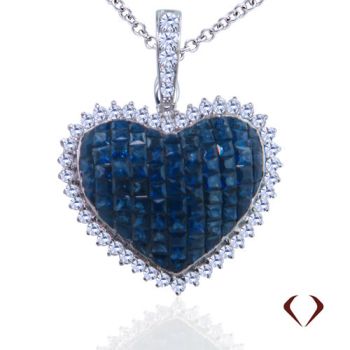 Round Cut Diamond and Princess Cut Sapphire Heart Pendant with Diamond Bail in 18K White Gold/IDJ121262