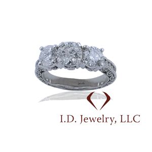 Antique Look Three Stone Diamond Ring In 14KT White Gold With Diamond On The Side And On The Profile /IDJ9489
