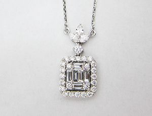 18KT White Gold Baguette Cluster Necklace With Halo Frame Around It With Three Marquise Diamonds on Top/IDJ13852