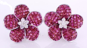 18KT WHITE GOLD INVISIBLE SET RUBY AND DIAMOND FLOWER EARRINGS