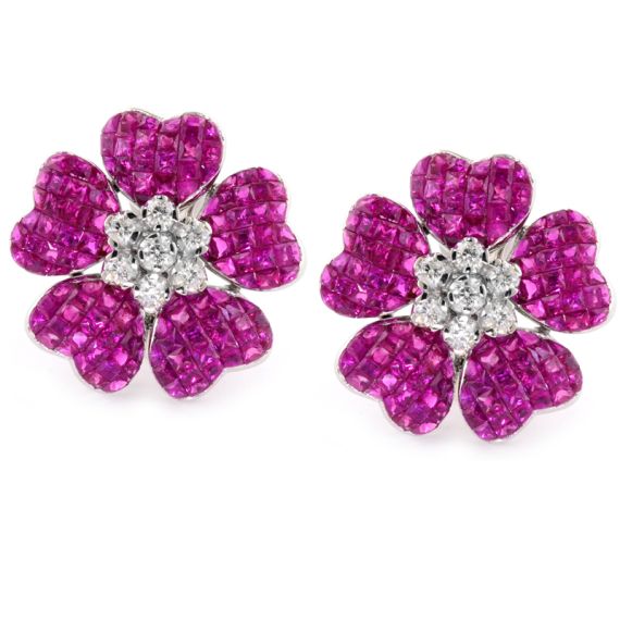 Invisible Set Ruby and Diamond Earrings set in a Floral Design in 18KT ...