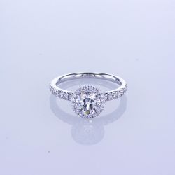 18KT WHITE GOLD ROUND HALO DIAMOND ENGAGEMENT RING SETTING W/ DIAMONDS ON SHANK (No center stone included)