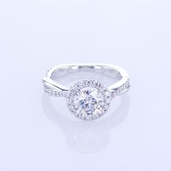 18KT WHIE GOLD ROUND HALO DIAMOND ENGAGEMENT RING SETTING W/ TWISTED PLAIN & DIAMOND BAND (No center stone included)
